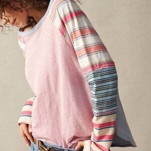 Multicolor Casual Women's Boho Raglan Sleeve Striped Loose Round Neck shirt